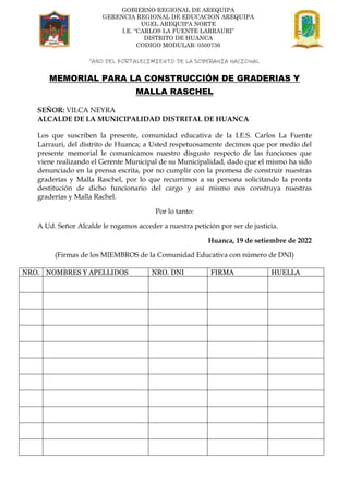 GOBIERNO REGIONAL DE AREQUIPA
GERENCIA REGIONAL DE EDUCACION AREQUIPA
UGEL AREQUIPA NORTE
I.E. “CARLOS LA FUENTE LARRAURI”
DISTRITO DE HUANCA
CODIGO MODULAR: 0500736
“AÑO DEL FORTALECIMIENTO DE LA SOBERANIA NACIONAL
MEMORIAL PARA LA CONSTRUCCIÓN DE GRADERIAS Y
MALLA RASCHEL
SEÑOR: VILCA NEYRA
ALCALDE DE LA MUNICIPALIDAD DISTRITAL DE HUANCA
Los que suscriben la presente, comunidad educativa de la I.E.S. Carlos La Fuente
Larrauri, del distrito de Huanca; a Usted respetuosamente decimos que por medio del
presente memorial le comunicamos nuestro disgusto respecto de las funciones que
viene realizando el Gerente Municipal de su Municipalidad, dado que el mismo ha sido
denunciado en la prensa escrita, por no cumplir con la promesa de construir nuestras
graderías y Malla Raschel, por lo que recurrimos a su persona solicitando la pronta
destitución de dicho funcionario del cargo y así mismo nos construya nuestras
graderías y Malla Rachel.
Por lo tanto:
A Ud. Señor Alcalde le rogamos acceder a nuestra petición por ser de justicia.
Huanca, 19 de setiembre de 2022
(Firmas de los MIEMBROS de la Comunidad Educativa con número de DNI)
NRO. NOMBRES Y APELLIDOS NRO. DNI FIRMA HUELLA
 