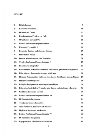 5
SUMÁRIO
1 - Relato Pessoal 7
2 - Encontro Presencial I 10
3 - Orientações Gerais 12
4 - Fundamentos e Práticas em EaD 13
5 - Orientações para as PPS 14
6 - Prática Profissional Supervisionada I 15
7 - Encontro Presencial II 16
8 - Produção Textual na Educação Escolar 17
9 - Informática Básica 18
10 - Direito Administrativo e do Trabalho 20
11 - Prática Profissional Supervisionada II 23
12 - I Seminário Integrador 22
13 - Funcionários de Escolas: cidadãos, educadores, profissionais e gestores 25
14 - Educadores e Educandos: tempos históricos 28
15 - Homem, Pensamento e Cultura: abordagens filosóficas e antropológicas 29
16 - II Seminário Integrador 34
17 - Relações Interpessoais: abordagem psicológica 36
18 - Educação, Sociedade e Trabalho abordagem sociológica da educação 36
19 - Gestão da Educação Escolar 39
20 - Prática Profissional Supervisionada III 40
21 - III Seminário Integrador 41
22 - Teorias do Espaço Educativo 43
23 - Meio Ambiente, Sociedade e Educação 44
24 - Higiene e Segurança nas Escolas 45
25 - Prática Profissional Supervisionada IV 46
26 - IV Seminário Integrador 47
27 - Equipamentos Hidráulicos e Sanitários 48
 