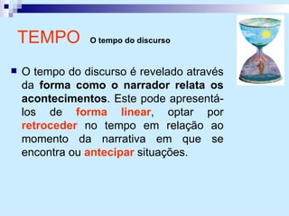 TEMPO  O tempo do discurso O tempo do discurso é revelado através da  forma como o narrador relata os acontecimentos . Este pode apresentá-los de  forma linear , optar por  retroceder  no tempo em relação ao momento da narrativa em que se encontra ou  antecipar  situações. 