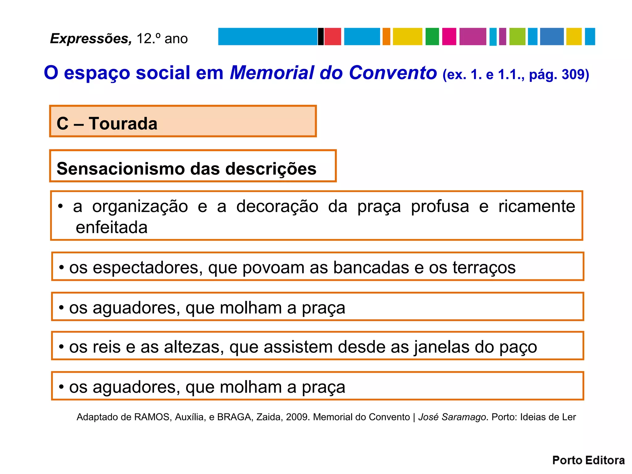 C – Tourada
Sensacionismo das descrições
• a organização e a decoração da praça profusa e ricamente
enfeitada
Adaptado de RAMOS, Auxília, e BRAGA, Zaida, 2009. Memorial do Convento | José Saramago. Porto: Ideias de Ler
• os espectadores, que povoam as bancadas e os terraços
• os aguadores, que molham a praça
• os reis e as altezas, que assistem desde as janelas do paço
• os aguadores, que molham a praça
Expressões, 12.º ano
O espaço social em Memorial do Convento (ex. 1. e 1.1., pág. 309)
 