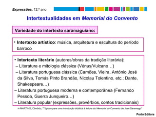 Intertextualidades em Memorial do Convento
Variedade do intertexto saramaguiano:
• Intertexto literário (autores/obras da tradição literária):
– Literatura e mitologia clássica (Vénus/Vulcano…)
– Literatura portuguesa clássica (Camões, Vieira, António José
da Silva, Tomás Pinto Brandão, Nicolau Tolentino, etc.; Dante,
Shakespeare…)
– Literatura portuguesa moderna e contemporânea (Fernando
Pessoa, Guerra Junqueiro…)
– Literatura popular (expressões, provérbios, contos tradicionais)
• Intertexto artístico: música, arquitetura e escultura do período
barroco
in MARTINS, Cândido, “Tópicos para uma introdução didática à leitura do Memorial do Convento de José Saramago”
Expressões, 12.º ano
 