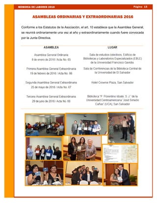 Conforme a los Estatutos de la Asociación, el art. 10 establece que la Asamblea General,
se reunirá ordinariamente una vez al año y extraordinariamente cuando fuere convocada
por la Junta Directiva.
Página 15MEMORIA DE LABORES 2016
ASAMBLEAS ORDINARIAS Y EXTRAORDINARIAS 2016
 