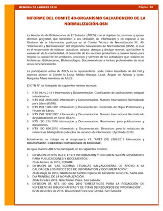 Página 32MEMORIA DE LABORES 2016
INFORME DEL COMITÉ 40-ORGANISMO SALVADOREÑO DE LA
NORMALIZACIÓN-OSN
 