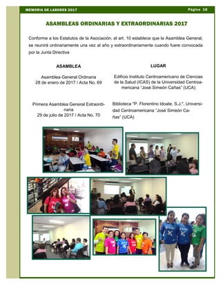 Conforme a los Estatutos de la Asociación, el art. 10 establece que la Asamblea General,
se reunirá ordinariamente una vez al año y extraordinariamente cuando fuere convocada
por la Junta Directiva
Página 18MEMORIA DE LABORES 2017
ASAMBLEAS ORDINARIAS Y EXTRAORDINARIAS 2017
ASAMBLEA
Asamblea General Ordinaria
28 de enero de 2017 / Acta No. 69
Primera Asamblea General Extraordi-
naria
29 de julio de 2017 / Acta No. 70
LUGAR
Edificio Instituto Centroamericano de Ciencias
de la Salud (ICAS) de la Universidad Centroa-
mericana “José Simeón Cañas” (UCA)
Biblioteca "P. Florentino Idoate, S.J.", Universi-
dad Centroamericana “José Simeón Ca-
ñas” (UCA)
 