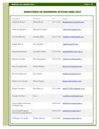 Página 46MEMORIA DE LABORES 2017
DIRECTORIO DE MIEMBROS ACTIVOS ABES 2017
 