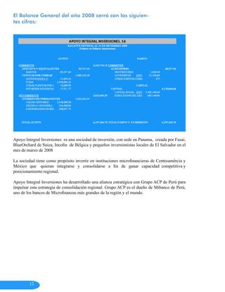 El Balance General del año 2008 cerró con las siguien-
tes cifras:




Apoyo Integral Inversiones es una sociedad de inversión, con sede en Panama, creada por Fusai,
BlueOrchard de Suiza, Incofin de Bélgica y pequeños inversionistas locales de El Salvador en el
mes de marzo de 2008

La sociedad tiene como propósito invertir en instituciones microfinancieras de Centroamércia y
México que quieran integrarse y consolidarse a fin de ganar capacidad competitiva y
posicionamiento regional.

Apoyo Integral Inversiones ha desarrollado una alianza estratégica con Grupo ACP de Perú para
impulsar esta estrategia de consolidación regional. Grupo ACP es el dueño de Mibanco de Perú,
uno de los bancos de Microfinanzas más grandes de la región y el mundo.




        12
 