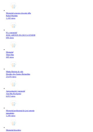 Memorial concurso docente ufba
Rafael Marinho
1,169 views
01.o memorial
JOSE AIRTON DA SILVA JUNIOR
696 views
Memorial
Thais Dias
449 views
Minha História de vida
Doralice dos Santos Bernardino
23,676 views
Apresentação1 memorial
Ana Rita Rochynski
6,013 views
Memorial profissional do josé antonio
japquimica
1,108 views
Memorial descritivo
 