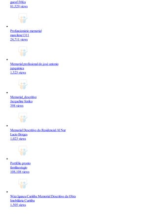 guest330fca
81,529 views
Profuncionário memorial
marcilene1311
24,711 views
Memorial profissional do josé antonio
japquimica
1,525 views
Memorial_descritivo
Jacqueline Satiko
398 views
Memorial Descritivo do Residencial Al Nur
Lucio Borges
1,023 views
Portfólio pronto
familiaestagio
108,108 views
Wizz Iguacu Curitiba Memorial Descritivo da Obra
Imobiliária Curitiba
1,505 views
 