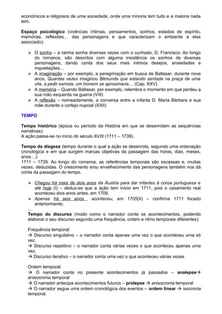 económicos e religiosos de uma sociedade, onde uma minoria tem tudo e a maioria nada
tem.
Espaço psicológico (vivências íntimas, pensamentos, sonhos, estados de espírito,
memórias, reflexões… das personagens e que caracterizam o ambiente a elas
associado):
 O sonho – a rainha sonha diversas vezes com o cunhado, D. Francisco. Ao longo
do romance, são descritos com alguma insistência os sonhos de diversas
personagens, dando conta dos seus mais íntimos desejos, ansiedades e
inquietações…
 A imaginação – por exemplo, a peregrinação em busca de Baltasar, durante nove
anos, Quantas vezes imaginou Blimunda que estando sentada na praça de uma
vila, a pedir esmola, um homem se aproximaria… (Cap. XXV).
 A memória – Quando Baltasar, por exemplo, relembra o momento em que perdeu a
sua mão esquerda na guerra (VIII)
 A reflexão – nomeadamente, a conversa entre a infanta D. Maria Bárbara e sua
mãe durante o cortejo nupcial (XXII)
TEMPO
Tempo histórico (época ou período da História em que se desenrolam as sequências
narrativas):
A ação passa-se no início do século XVIII (1711 – 1739).
Tempo da diegese (tempo durante o qual a ação se desenrola, segundo uma ordenação
cronológica e em que surgem marcas objetivas da passagem das horas, dias, meses,
anos…):
1711 – 1739. Ao longo do romance, as referências temporais são escassas e, muitas
vezes, deduzidas. O crescimento e/ou envelhecimento das personagens também nos dá
conta da passagem do tempo.
 Chegou há mais de dois anos da Áustria para dar infantes à coroa portuguesa e
até hoje (I) – deduz-se que a ação tem início em 1711, pois o casamento real
aconteceu dois anos antes, em 1709.
 Apenas há seis anos aconteceu, em 1705(II) – confirma 1711 focado
anteriormente;
…
Tempo do discurso (modo como o narrador conta os acontecimentos, podendo
elaborar o seu discurso segundo uma frequência, ordem e ritmo temporais diferentes):
Frequência temporal:
 Discurso singulativo – o narrador conta apenas uma vez o que aconteceu uma só
vez.
 Discurso repetitivo – o narrador conta várias vezes o que aconteceu apenas uma
vez.
 Discurso iterativo – o narrador conta uma vez o que aconteceu várias vezes
Ordem temporal:
 O narrador conta no presente acontecimentos já passados – analepse
anisocronia temporal
 O narrador antecipa acontecimentos futuros – prolepse  anisocronia temporal
 O narrador segue uma ordem cronológica dos eventos – ordem linear  isocronia
temporal.
 