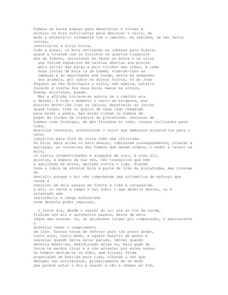 homens se havia espaço para desatrelar e tornar a
atrelar os bois suficientes para deslocar o carro, de
modo a entestá-lo novamente com o caminho. As subidas, se não havia
curvas,
resolvia-as a força bruta,
tudo a puxar, os bois esticando as cabeças para diante,
quase a tocarem com os focinhos os quartos traseiros
dos da frente, resvalando às vezes na bosta e na urina
  que faziam regueiros em valetas abertas aos poucos
  pelo calcar das patas e pelo trilhar das rodas. A cada
  duas juntas de bois ia um homem, viam-se-lhes as
  cabeças e as aguilhadas até longe, entre as armações
  dos animais, por sobre os dorsos fulvos, só do José
Pequeno se não distinguia o vulto, nem admira, estaria
falando à orelha dos seus bois, manos na altura,
Puxem, boizinhos, puxem.
  Mas a aflição tornava-se agonia se o caminho era
a descer. A todo o momento o carro se escapava, era
preciso meter-lhe logo os calços, desatrelar as juntas
quase todas, três ou quatro de cada lado chegavam
para mover a pedra, mas então tinham os homens de
pegar às cordas da traseira da plataforma, centenas de
homens como formigas, de pés fincados no chão, corpos inclinados para
trás,
músculos retensos, sustentando o carro que ameaçava arrastá-los para o
vale,
lançá-los para fora da curva como uma chicotada.
Os bois, mais acima ou mais abaixo, ruminavam sossegadamente, olhando a
agitação, as correrias dos homens que davam ordens, o vedor a cavalo na
mula,
os rostos congestionados e alagados de suor, e eles ali,
quietos, à espera da sua vez, tão tranquilos que nem
a aguilhada se movia, apoiada contra o jugo. Alguém
teve a ideia de atrelar bois à parte de trás da plataforma, mas tiveram
de
desistir porque o boi não compreende uma aritmética de esforço que
venha a
resultar em dois passos em frente e três à retaguarda.
O boi, ou vence a rampa e faz subir o que deveria descer, ou é
arrastado sem
resistência e chega esfacelado
onde deveria poder repousar.

  I_Ieste dia, desde o nascer do sol até ao fim da tarde,
fizeram uns mil e quinhentos passos, menos de meia
légua das nossas, ou, se quisermos julgar por comparação, o equivalente
a
duzentas vezes o comprimento
da laje. Tantas horas de esforço para tão pouco andar,
tanto suor, tanto medo, e aquele monstro de pedra a
resvalar quando devia estar parado, imóvel quando
deveria mexer-se, amaldiçoado sejas tu, mais quem da
terra te mandou tirar e a nós arrastar por estes ermos.
Os homens deitam-se no chão, sem forças, ficam
arquejando de barriga para cima, olhando o céu que
devagar vai escurecendo, primeiramente de um modo
que parece estar o dia a nascer e não a chegar ao fim,
 