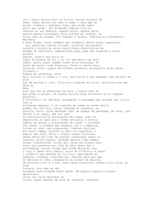 até o burro deixou cair os lírios, mortos murchos de
sede, vamos sentar-nos aqui a comer o duro pão do
mundo, comemos e seguimos logo, que ainda temos
muito que andar. Vai Blimunda tomando nota do
caminho na sua memória, aquele monte, aquela mata,
quatro pedras alinhadas, seis colinas em redondo, as
vilas como se chamam, foi Codeçal e Gradil, Cadriceira e Furadouro,
Merceana
e Pena Firme, tanto andámos que chegámos, Monte Junto, passarola.
  Era assim nos contos antigos, dizia-se uma palavra
secreta e diante da gruta maravilhosa levantava-se um
bosque de carvalhos, impenetrável para quem não soubesse a outra
palavra
mágica, aquela que poria no
lugar do bosque um rio e no rio uma barca com seus
remos. Neste lugar também foram ditas palavras, Se
tenho de morrer numa fogueira, fosse ao menos esta,
disse-as louco o padre Bartolomeu Lourenço, porventura serão estes
silvados o
bosque de carvalhos, este
mato florido os remos e o rio, será barca a ave magoada, que palavra se
dirá
que dê sentido a isto. Tirou-se a albarda ao burro, deitou-se-lhe uma
peia às
mãos
para que não se afastasse de mais, e agora coma do
que puder e quiser, se alguma escolha pode encontrar-se no simples
possível,
e entretanto foi Baltasar desimpedir a passagem que através das silvas
leva à
protegida máquina, é um trabalho de todas as vezes feito,
porém, mal ele vira costas avançam os rebentos, os
enleios, muito custa defender aqui um espaço de passagem, um túnel, por
dentro e ao redor, sem ele como
se restaurariam os entrançados de vimes, como se
amparariam as asas que o tempo afrouxou, a erecta
cabeça se descai a sustentação da cauda, a afinação
dos lemes, é verdade que estamos, nós e a máquina,
caídos no chão, mas preparados. Laborou Baltasar
por muito tempo, ferindo as mãos nos espinhos, e
depois que ficou fácil o acesso chamou Blimunda,
mesmo assim ela teve de avançar rastejando sobre os
joelhos, enfim chegou, estavam imersos numa sombra
verde, translúcida, talvez por causa dos braços mais
novos que passavam por cima da vela negra sem a
esconderem, tenras folhas que ainda deixavam coar
a luz, e sobre esta cúpula, outra de silêncio, é sobre
o silêncio uma abóbada de luz azul, apercebida em
pedaços, rasgões, confidências. Subindo pela asa que
se apoiava no chão, chegava-se ao convés da máquina.
Lá estavam o sol e a lua, numa tábua inscritos, nenhum outro sinal se
lhes
juntara, era como se não
houvesse mais ninguém neste mundo. Em alguns lugares o soalho
apodrecera,
outra vez teria Baltasar de
trazer algum tabuado da obra do convento, sarrafos
 