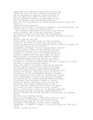 desprezados dos andaimes, de nada valeria cuidar das
lamelas de ferro e do cesto exterior se debaixo dos
pés se esboroavam as madeiras. Luziam mortiças as
bolas de âmbar sob a sombra da vela, como olhos
que não pudessem fechar-se, ou resistissem ao sono
para não perderem a hora da partida. Mas há em
tudo isto um ar de abandono, as folhas mortas escurecem na água que
empoçou e
ainda resiste aos primeiros
calores, se não fosse a constância de Baltasar, encontraríamos aqui uma
triste ruína, os ossos de um pássaro morto.
  Só as esferas, fabricadas de misteriosa liga, brilham
como no primeiro dia, foscas mas luminosas, nítidas
as nervuras, precisos os encaixes, não se acreditaria
que estão aqui vai para quatro anos. Blimunda aproximou-se de uma
delas,
pôs-lhe a mão em cima, não
estava quente, não estava fria, foi como se tivesse
juntado as duas mãos, não sente frio, não sente calor,
apenas que ambas estão vivas, Ainda aqui dentro viverão as vontades, de
certeza não saíram, se vejo inteiras
as esferas, incorrupto o metal, coitadas delas, fechadas
há tanto tempo, à espera de quê. Baltasar já estava
trabalhando em baixo, ouviu uma parte qualquer da
pergunta, ou adivinhou-a, Se as vontades saíram das
esferas, a máquina não serve para nada, nem valia a
pena cá voltar, e Blimunda disse, Amanhã o saberei.
  Trabalharam ambos até ao pôr do sol. Com ramos
de arbustos, Blimunda fez uma vassoura para varrer
as folhas e os detritos, depois ajudou Baltasar a substituir os vimes
partidos, a untar com sebo as lamelas.
Coseu, seu trabalho de mulher, a vela que se esgarçava
em dois lugares, como Baltasar fizera outras vezes,
seu trabalho de soldado, e agora rematava cobrindo
de breu a superfície restaurada. Fez-se entretanto noite.
Baltasar foi despear o burro para que o coitado não
ficasse por ali tão incomodamente travado, e prendeu-o
perto da máquina, .daria sinal se viesse bicho. Já antes
tinha inspeccionado o interior da passarola, descendo
por uma abertura do convés, escotilha desta nave aérea,
ou aeronave, nome facilmente formável no futuro,
quando for preciso. Não havia sinais de vida, nem
uma cobra, nem a simples lagartixa que em todo o
oculto corre, de aranhas nem fio de teia, que moscas
ali viriam. Era como o dentro de um ovo, a casca
dele, o silêncio que lá está. Ali se deitaram, numa cama
de folhagem, servindo as próprias roupas despidas de
abrigo e enxerga. Em profunda escuridão se procuraram, nus, sôfrego
entrou
ele nela, ela o recebeu ansiosa,
depois a sofreguidão dela, a ânsia dele, enfim os corpos
encontrados, os movimentos, a voz que vem do ser
profundo, aquele que não tem voz, o grito nascido,
prolongado, interrompido, o soluço seco, a lágrima
inesperada, e a máquina a tremer, a vibrar, porventura não está já na
terra,
rasgou a cortina de silvas
 