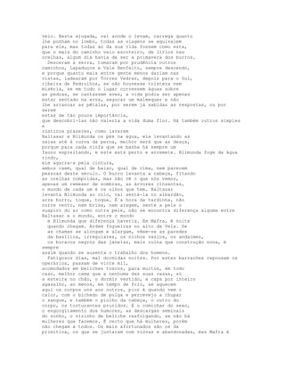 veio. Besta alugada, vai aonde o levam, carrega quanto
lhe ponham no lombo, todas as viagens se equivalem
para ele, mas todas as da sua vida fossem como esta,
que o mais do caminho veio escoteiro, de lírios nas
orelhas, algum dia havia de ser a primavera dos burros.
  Desceram a serra, tomaram por prudência outros
caminhos, Lapaduços e Vale Benfeito, sempre descendo,
e porque quanto mais entre gente menos dariam nas
vistas, ladearam por Torres Vedras, depois para o Sul,
ribeira de Pedrulhos, se não houvesse tristeza nem
miséria, se em todo o lugar corressem águas sobre
as pedras, se cantassem aves, a vida podia ser apenas
estar sentado na erva, segurar um malmequer e não
lhe arrancar as pétalas, por serem já sabidas as respostas, ou por
serem
estas de tão pouca importância,
que descobri-las não valeria a vida duma flor. Há também outros simples
e
rústicos prazeres, como lavarem
Baltasar e Blimunda os pés na água, ela levantando as
saias até à curva da perna, melhor será que as desça,
porque para cada ninfa que se banha há sempre um
fauno espreitando, e este está perto e arremete. Blimunda foge da água
rindo,
ele agarra-a pela cintura,
ambos caem, qual de baixo, qual de cima, nem parecem
pessoas deste século. O burro levanta a cabeça, fitando
as orelhas compridas, mas não vê o que nós vemos,
apenas um remexer de sombras, as árvores cinzentas,
o mundo de cada um é os olhos que tem. Baltasar
levanta Blimunda ao colo, vai sentá-la no albardão,
arre burro, toque, toque. É a hora da tardinha, não
corre vento, nem brisa, nem aragem, sente a pele o
suspiro do ar como outra pele, não se encontra diferença alguma entre
Baltasar e o mundo, entre o mundo
  e Blimunda que diferença haveria. Em Mafra, é noite
  quando chegam. Ardem fogueiras no alto da Vela. Se
  as chamas se alongam e alargam, vêem-se as paredes
  da basílica, irregulares, os nichos vazios, os andaimes,
  os buracos negros das janelas, mais ruína que construção nova, é
sempre
assim quando se ausenta o trabalho dos homens.
  Fatigosos dias, mal dormidas noites. Por estes barracões repousam os
operários, passam de vinte mil,
acomodados em beliches toscos, para muitos, em todo
caso, melhor cama que a nenhuma das suas casas, só
a esteira no chão, o dormir vestido, a capa por inteiro
agasalho, ao menos, em tempo de frio, se aquecem
aqui os corpos uns aos outros, pior é quando vem o
calor, com o bichedo de pulga e percevejo a chupar
o sangue, e também o piolho da cabeça, o outro do
corpo, os torturantes pruridos. E o comichar do sexo,
o engorgitamento dos humores, as descargas seminais
do sonho, o vizinho de beliche resfolgando, se não há
mulheres que faremos. É certo que há mulheres, porém
não chegam a todos. Os mais afortunados são os da
primitiva, os que se juntaram com viúvas e abandonadas, mas Mafra é
 