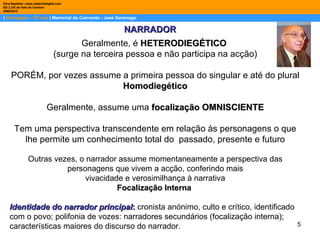 |  Português – 12º ano  | Memorial do Convento - José Saramago Dina Baptista | www.sebentadigital.com EB 2,3/S de Vale de Cambra 2009\2010 NARRADOR Geralmente, é  HETERODIEGÉTICO   (surge na terceira pessoa e não participa na acção) PORÉM, por vezes assume a primeira pessoa do singular e até do plural  Homodiegético Geralmente, assume uma  focalização OMNISCIENTE Tem uma perspectiva transcendente em relação às personagens o que lhe permite um conhecimento total do  passado, presente e futuro Outras vezes, o narrador assume momentaneamente a perspectiva das personagens que vivem a acção, conferindo mais vivacidade e verosimilhança à narrativa  Focalização Interna   Identidade do narrador principal :  cronista anónimo, culto e crítico, identificado com o povo; polifonia de vozes: narradores secundários (focalização interna); características maiores do discurso do narrador. 