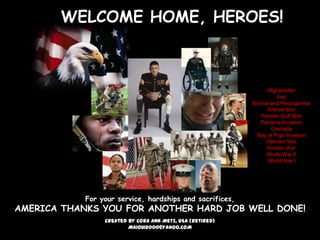 WELCOME HOME, HEROES!



                                                                Afghanistan
                                                                     Iraq
                                                           Bosnia and Herzegovina
                                                                 Intervention
                                                              Persian Gulf War
                                                              Panama Invasion
                                                                   Grenada
                                                            Bay of Pigs Invasion
                                                                Vietnam War
                                                                Korean War
                                                                World War II
                                                                 World War I




            For your service, hardships and sacrifices,
AMERICA THANKS YOU FOR ANOTHER HARD JOB WELL DONE!
                 Created by Cora Ann Metz, USA (Retired)
                         MAIOUI2000@YAHOO.COM
 