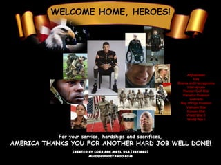WELCOME HOME, HEROES!




                                                                 Afghanistan
                                                                     Iraq
                                                           Bosnia and Herzegovina
                                                                 Intervention
                                                              Persian Gulf War
                                                              Panama Invasion
                                                                   Grenada
                                                            Bay of Pigs Invasion
                                                                Vietnam War
                                                                Korean War
                                                                World War II
                                                                 World War I




            For your service, hardships and sacrifices,
AMERICA THANKS YOU FOR ANOTHER HARD JOB WELL DONE!
                 Created by Cora Ann Metz, USA (Retired)
                         MAIOUI2000@YAHOO.COM
 
