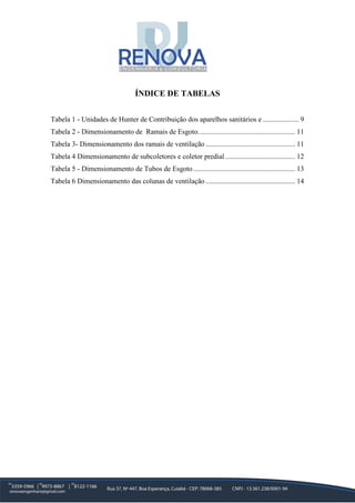 4
ÍNDICE DE TABELAS
Tabela 1 - Unidades de Hunter de Contribuição dos aparelhos sanitários e .................... 9
Tabela 2 - Dimensionamento de Ramais de Esgoto...................................................... 11
Tabela 3- Dimensionamento dos ramais de ventilação .................................................. 11
Tabela 4 Dimensionamento de subcoletores e coletor predial ....................................... 12
Tabela 5 - Dimensionamento de Tubos de Esgoto......................................................... 13
Tabela 6 Dimensionamento das colunas de ventilação .................................................. 14
 