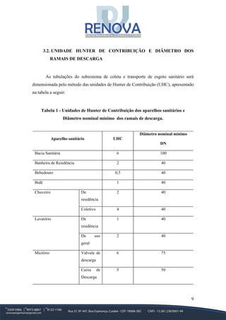 9
3.2. UNIDADE HUNTER DE CONTRIBUIÇÃO E DIÂMETRO DOS
RAMAIS DE DESCARGA
As tubulações do subsistema de coleta e transporte de esgoto sanitário será
dimensionada pelo método das unidades de Hunter de Contribuição (UHC), apresentado
na tabela a seguir:
Tabela 1 - Unidades de Hunter de Contribuição dos aparelhos sanitários e
Diâmetro nominal mínimo dos ramais de descarga.
Aparelho sanitário UHC
Diâmetro nominal mínimo
DN
Bacia Sanitária 6 100
Banheira de Residência 2 40
Bebedouro 0,5 40
Bidê 1 40
Chuveiro De
residência
2 40
Coletivo 4 40
Lavatório De
residência
1 40
De uso
geral
2 40
Mictório Válvula de
descarga
6 75
Caixa de
Descarga
5 50
 