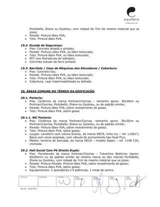 Rev.02 – 04/05/2011 14
Portobello, Eliane ou Gyotoku; com rodapé de 7cm de mesmo material que os
pisos;
 Parede: Pintura látex PVA;
 Teto: Pintura látex PVA.
19.2. Escada de Segurança:
 Piso: Concreto alisado e pintado;
 Parede: Pintura Látex PVA, ou látex texturado;
 Teto: Pintura látex PVA, ou látex texturado;
 PCF com fechaduras de sobrepor;
 Corrimão tubular de ferro pintado.
19.3. Barrilete / Casa de Máquinas dos Elevadores / Cobertura:
 Piso: Concreto liso;
 Parede: Pintura Látex PVA, ou látex texturado;
 Teto: Pintura látex PVA, ou látex texturado;
 Cobertura: Laje impermeabilizada ou telhado.
20. ÁREAS COMUNS DO TÉRREO DA EDIFICAÇÃO
20.1. Portaria:
 Piso: Cerâmica da marca Portinari/Cecrisa – tamanho aprox. 30x30cm ou
Portinari/Cecrisa, Portobello, Eliane ou Gyotoku, ou de padrão similar;
 Parede: Pintura látex PVA, sobre revestimento de gesso;
 Teto: Pintura látex PVA, sobre gesso.
20.1.1. WC Portaria:
 Piso: Cerâmica da marca Portinari/Cecrisa –tamanho aprox. 30x30cm ou
Portinari/Cecrisa, Portobello, Eliane ou Gyotoku, ou de padrão similar;
 Parede: Pintura látex PVA, sobre revestimento de gesso;
 Teto: Pintura látex PVA, sobre gesso;
 Louças: Lavatório sem coluna branco, da marca DECA, linha Izy – ref. L10017;
Bacia com caixa acoplada, com válvula de acionamento tipo Dual Flux;
 Metais: torneira de bancada, da marca DECA – modelo Aspen – ref. 1198 C35,
cromada.
20.2. Hall Social Com Pé Direito Duplo:
 Piso: Porcelanato da marca Portinari/Cecrisa – Travertino Botticino (aprox.
60x60cm) ou de padrão similar da mesma marca ou das marcas Portobello,
Eliane ou Gyotoku, com rodapé de 7cm de mesmo material que os pisos;
 Parede: Pintura Parede: Pintura látex PVA, sobre revestimento de gesso;
 Teto: Pintura látex PVA, sobre gesso;
 Equipamentos: 2 aparadores e 4 poltronas, 1 mesa de centro.
 