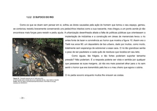 - 20 -
1.2.2 O SUFOCO DO RIO
Como os que se doam sem pensar em si, sofreu as dores causadas pela ação do homem que tomou o seu espaço, gemeu,
se contorceu resistiu bravamente conservando uns pedacinhos intactos como a sua nascente, mas chegou a um ponto aonde já não
encontrava mais forças para resistir e pediu ajuda. A urbanização desenfreada aliada a falta de politicas públicas que orientassem a
implantação de indústrias e a construção em áreas de mananciais levou o rio
antes fonte de lazer e convivência ao horror que mostra a figura 10. Assim era o
Tietê nos anos 90: um depositário de lixo urbano, dado por muitos, como morto,
totalmente sem esperança de sobreviver a esse caos. O rio tão grandioso sentia
o peso de ser paulistano a cada quilo de resíduos que recebia em seu leito.
Como águas, tão frágeis, e tão fortes poderiam suportar tamanha
pressão? Não poderiam. E a resposta poderia ser vista e sentida por qualquer
que passasse as suas margens. Já não era mais possível olhar para o rio sem
sentir o horror que era transmitido pelo lixo e o mau cheiro que agora o cobria.
O rio pedia socorro enquanto muitos lhe viravam as costas.
Figura 10 - Poluição extrema do rio Tietê.(anos 90) ,
A nova função que a cidade deu ao rio: deposito de lixo, mau cheiro e repudio.
Fonte: http://g1.globo.com/Noticias/SaoPaulo/foto/0,15616394-EX,00.jpg
Extraído em 22/04/2012
 