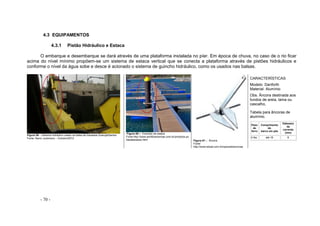 - 70 -
4.3 EQUIPAMENTOS
4.3.1 Pistão Hidráulico e Estaca
O embarque e desembarque se dará através de uma plataforma instalada no píer. Em época de chuva, no caso de o rio ficar
acima do nível mínimo propõem-se um sistema de estaca vertical que se conecta a plataforma através de pistões hidráulicos e
conforme o nível da água sobe e desce é acionado o sistema de guincho hidráulico, como os usados nas balsas.
Figura 59 – Sistema hidráulico usado na balsa de travessia Guarujá/Santos
Fonte: Nanci Justiniano – Outubro/2012
Figura 60 – Exemplo de estaca
Fonte:http://www.amilibiamarinas.com.br/produtos.po
rtasdeacesso.html Figura 61 – Âncora
Fonte:
http://www.eboat.com.br/opensite/ancoras
CARACTERÍSTICAS
Modelo: Danforth
Material: Alumínio
Obs. Âncora destinada aos
fundos de areia, lama ou
cascalho,
Tabela para âncoras de
alumínio.
Peso
do
ferro
Comprimento
do
barco em pés
Diâmetro
da
corrente
(mm)
4 lbs. até 16 6
 