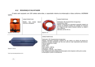 - 71 -
4.3.2 SEGURANÇA E SALVATAGEM
O teatro será equipado com 200 coletes salva-vidas, a capacidade máxima da embarcação e bóias conforme a NORMAM
5/DPC.
Figura 62 – Colete salva-Vidas
CARACTERÍSTICAS
Modelo: Tipo Canga (águas
interiores e abrigadas)
Figura 63 – Bóia
CARACTERÍSTICAS
Distribuidor: APL Equipamentos de segurança
Equipamento: Bóias
Material: Produzidas em poliuretano expandido injetado em
carcaça de polietileno fundido com proteção UV. Possuem
de 4 alças de cabo náutico flutuante inserido na Classe II
(com refletivos)
Diâmetros: de 50 e 60 cm.
Figura 64 – Defensas
CARACTERÍSTICAS
Distribuidor: APL Equipamentos de segurança
Material: poliuretano expandido contendo em seu interior um cilindro de espuma de
polietileno de baixa densidade que fixa uma corda em sisal responsável pela estrutura
interna e resistência a tração
Largura: 60cm
Altura: 16cm
Peso Líquido: 1.350 Kg
Peso Bruto: 1.380 Kg
Embalagem: 0.030 Kg – Saco Plástico
Obs. Equipamento para proteção da embarcação contra impactos e atrito junto a outras
embarcações e píeres ou atracadouros.
Fonte: http://www.aplequipamentos.com.br/
 