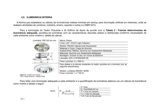 - 81 -
4.9 ILUMINÂNCIA INTERNA
A Norma que estabelece os valores de iluminâncias médias mínimas em serviço para iluminação artificial em interiores, onde se
realizem atividades de comércio, indústria, ensino, esporte e outras é a NBR 5413.
Para a iluminação do Teatro Flutuante e do Edifício de Apoio de acordo com a Tabela 2 - Fatores determinantes da
iluminância adequada, escolheu-se luminárias com as características descritas abaixo e distribuídas conforme necessidade de
cada ambiente como mostra a tabela de cálculo.
Luminária: FBS 322 em mm Marca: Philips
Linha: LED - D’ECO Light Collection
Modelo: FBS322 máscara anti-ofuscamento
Materiais e Corpo: Chapa de Alumínio
Acabamentos: Refletor: Alumínio com Acabamento Metalizado
Máscaras: Alumínio com Acabamento Metalizado
Montagem: Embutir no teto, em nichos de Ø200mm
Lâmpada: 2xPL-C/4P26W/840 EB
Fluxo Luminoso: 2 x 1800 lm
Para plateia e os demais ambientes do teatro escolheu-se a luminária com as
seguinte característica:
Modelo: LuxSpace BBS481 3000K
Fluxo Luminoso: 1 x 1100 lm
Figura 75 – modelos de luminárias
Fonte: Google pesquisas - catálogo Philips
Para obter uma iluminação adequada a cada ambiente e a quantificação de luminárias elaborou-se um cálculo de iluminância
como mostra a tabela a seguir:
Sendo: Nº. E x S
X F.U X F.M
S = Área
E = Quantidade de Lux
= Fluxo da Lâmpada
F.U = Fator de Utilização
F.M= Fator de Manutenção
 