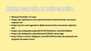 BIBLIOGRAFIA E WEBGRAFIA
BIBLIOGRAFIA E WEBGRAFIA
Manual Sentidos 12 Leya
https://pt.slideshare.net/ripmitchlucker/memorial-do-convento-
captulo-xix
https://prezi.com/ugaxdx-h-dp8/memorial-do-convento-capitulo-
xix/
https://pt.wikipedia.org/wiki/Pr%C3%A9mio_Cam%C3%B5es
https://pt.wikipedia.org/wiki/Jos%C3%A9_Saramago
http://deve-e-haver.blogspot.com/2013/04/analise-do-episodio-da-
epopeia-da-pedra.html
 