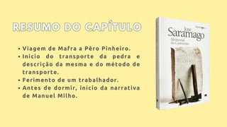 Viagem de Mafra a Pêro Pinheiro.
Início do transporte da pedra e
descrição da mesma e do método de
transporte.
Ferimento de um trabalhador.
Antes de dormir, início da narrativa
de Manuel Milho.
RESUMO DO CAPÍTULO
RESUMO DO CAPÍTULO
 