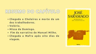 Chegada a Cheleiros e morte de um
dos trabalhadores.
Velório.
Missa de Domingo.
Fim da narrativa de Manuel Milho.
Chegada a Mafra após oito dias de
viagem.
RESUMO DO CAPÍTULO
RESUMO DO CAPÍTULO
 