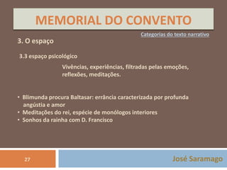 MEMORIAL DO CONVENTO 
José Saramago 
3. O espaço 
Categorias do texto narrativo 
3.3 espaço psicológico 
27 
Vivências, experiências, filtradas pelas emoções, 
reflexões, meditações. 
• Blimunda procura Baltasar: errância caracterizada por profunda 
angústia e amor 
• Meditações do rei, espécie de monólogos interiores 
• Sonhos da rainha com D. Francisco 
 