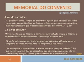 MEMORIAL DO CONVENTO 
Tipologia da narrativa 
“… passando tempo, sempre se encontrará alguém para imaginar que estas 
coisas poderiam ter sido ditas, ou fingi-las, e, fingindo, passam então as histórias 
a ser mais verdadeiras que os casos verdadeiros que elas contam… “ (p. 139) 
José Saramago 
A voz do narrador… 
…e a voz do autor 
“Não há nada fora da história, a ficção acaba por reflectir sempre a história, a 
história está nela mesmo que seja na última franja do que se narra.” 
“A minha arte consiste em tentar mostrar que não existe diferença entre o 
imaginário e o vivido. O vivido pode ser imaginário, e vice-versa.” 
“Se não ligasse o meu trabalho à História não faria qualquer trabalho (…) o 
que eu quero escrever liga-se aos factos e aos homens passados, mas não em 
termos de arqueologia. O que eu quero é desenterrar os homens vivos.” 
14 
voltar 
 