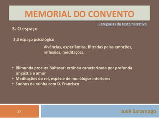 MEMORIAL DO CONVENTO 
José Saramago 
3. O espaço 
Categorias do texto narrativo 
3.3 espaço psicológico 
27 
Vivências, experiências, filtradas pelas emoções, 
reflexões, meditações. 
• Blimunda procura Baltasar: errância caracterizada por profunda 
angústia e amor 
• Meditações do rei, espécie de monólogos interiores 
• Sonhos da rainha com D. Francisco 
 