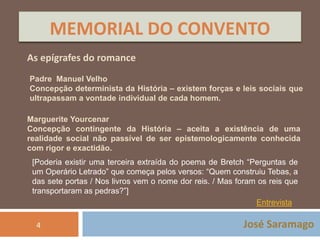 MEMORIAL DO CONVENTO 
José Saramago 
As epígrafes do romance 
Padre Manuel Velho 
Concepção determinista da História – existem forças e leis sociais que 
ultrapassam a vontade individual de cada homem. 
Marguerite Yourcenar 
Concepção contingente da História – aceita a existência de uma 
realidade social não passível de ser epistemologicamente conhecida 
com rigor e exactidão. 
[Poderia existir uma terceira extraída do poema de Bretch “Perguntas de 
um Operário Letrado” que começa pelos versos: “Quem construiu Tebas, a 
das sete portas / Nos livros vem o nome dor reis. / Mas foram os reis que 
transportaram as pedras?”] 
4 
Entrevista 
 
