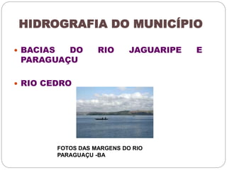 HIDROGRAFIA DO MUNICÍPIO 
 BACIAS DO RIO JAGUARIPE E 
PARAGUAÇU 
 RIO CEDRO 
FOTOS DAS MARGENS DO RIO 
PARAGUAÇU -BA 
 