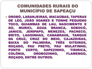 COMUNIDADES RURAIS DO 
MUNICÍPIO DE SAPEAÇU 
 OROBÓ, LARANJEIRAS, MACAÚBAS, TAPERAS 
DE LÉO, JOÃO SOARES E TONHE PEQUENO 
TOCO, QUIAMBAS DE LAU, NASCIMENTO E 
DÚ, MURICI, ÁGUA BRANCA, SOBOCÓ, 
JANICO, JENIPAPO, MENEZES, PACHECO, 
BRITO, LAGOINHAS, CANABRAVA, TANQUE 
DA CRUZ, CRUZ DO MEIO, CAJAZEIRAS, 
BAIXA DO PALMEIRA, TRÊS OITEIROS, 
ROÇADO, PAU PRETO, PAU MULATINHO, 
PONTO CERTO, SAPEZINHO, TIRIRICA, 
COLÔNIA, OROBOZINHO, FLAMENGO, 
ROÇADO, ENTRE OUTROS. 
 