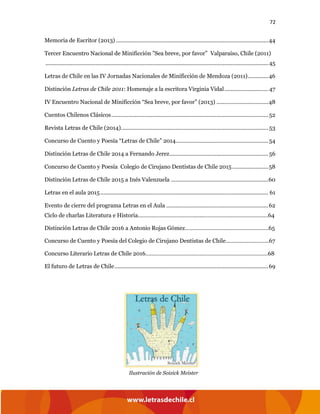 72
Memoria de Escritor (2013) .................................................................................................44
Tercer Encuentro Nacional de Minificción ”Sea breve, por favor” Valparaíso, Chile (2011)
..............................................................................................................................................45
Letras de Chile en las IV Jornadas Nacionales de Minificción de Mendoza (2011).............46
Distinción Letras de Chile 2011: Homenaje a la escritora Virginia Vidal............................ 47
IV Encuentro Nacional de Minificción “Sea breve, por favor” (2013) .................................48
Cuentos Chilenos Clásicos....................................................................................................52
Revista Letras de Chile (2014)..............................................................................................53
Concurso de Cuento y Poesía “Letras de Chile” 2014...........................................................54
Distinción Letras de Chile 2014 a Fernando Jerez...............................................................56
Concurso de Cuento y Poesía Colegio de Cirujano Dentistas de Chile 2015.......................58
Distinción Letras de Chile 2015 a Inés Valenzuela ..............................................................60
Letras en el aula 2015........................................................................................................... 61
Evento de cierre del programa Letras en el Aula .................................................................62
Ciclo de charlas Literatura e Historia………………………………......……………………………………64
Distinción Letras de Chile 2016 a Antonio Rojas Gómez………………………………………………65
Concurso de Cuento y Poesía del Colegio de Cirujano Dentistas de Chile……….……………...67
Concurso Literario Letras de Chile 2016…………………………………………………….………………68
El futuro de Letras de Chile..................................................................................................69
Ilustración de Soizick Meister
 