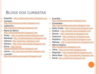 Blogs dos cursistas Expedito - http://polierostocantins.blogspot.comIvoneide - http://ensinandocomastic.blogspot.comJoãozinho - http://aprendizdeblogjs.blogspot.comMaria de fátima - http://vencendodesfios.blogspot.comSuely – http://suelytecnologia.blogspot.comMarileide: http://marileideteixeira.blogspot.comOdirene: http://odirenevn.blogspot.comAdriana - http://drica-tecnologia.blogspot.comElvira - http://elvira-desafiandoatecnologia.blogspot.comJanne – http://jannecavalcante.blogspot.comLusineth - http://escoladeusamoraes2.blogspot.comEvanilde - http://soedeusamoraes.blogspot.comEsmeralda - http://esmeraldasupervisao.blogspot.comNelcy Costa - http://nelcycosta.blogspot.comEdilene - http://amiga-varios.blogspot.comDezian - http://dezisantos.blogspot.comSulavone - http://sulaquino.blogspot.comNoeldina - http://dinnacabral.blogspot.comMelissa - http://matematicacem.blogspot.comMárcia Regina - http://csjoperario.blogspot.comVilma - http://vilminhals.blogspot.comMagnólia - http://magnoliahist.blogspot.comMaria Alice - http://mariaalicetic.blogspot.comKenia: http://profkelsia.blogspot.com