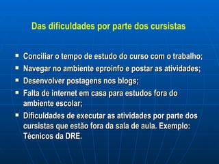 Das dificuldades por parte dos cursistas Conciliar o tempo de estudo do curso com o trabalho; Navegar no ambiente eproinfo e postar as atividades; Desenvolver postagens nos blogs; Falta de internet em casa para estudos fora do ambiente escolar; Dificuldades de executar as atividades por parte dos cursistas que estão fora da sala de aula. Exemplo: Técnicos da DRE. 