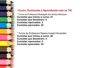 Curso: Ensinando e Aprendendo com as TIC * Turma da Professora Elisângela dos Santos Menezes Cursistas que iniciou o curso: 41 Cursistas que desistiram: 5 Cursistas reprovados: 2 Cursistas aprovados: 34 * Turma da Professora Rejane Araújo Fernandes Cursistas que iniciou o curso: 40 Cursistas que desistiram: 3 Cursistas reprovados: 2 Cursistas aprovados: 35 