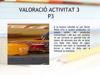 VALORACIÓ ACTIVITAT 3   P3 A la tercera activitat es van lliurar llistes d’un a quatre productes. La relació entre els productes memoritzats i allò que van comprar va ser correcta en gairebé tots els casos, els alumnes que els va tocar una llista més llarga en algun moment van tenir la necessitat de tornar a mirar la llista per a refrescar la memòria. 