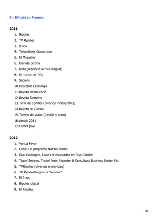 6.- Difusió en Premsa
2011
1. Ripollès
2. TV Ripollès
3. 9 nou
4. Telenotícies Comarques
5. El Magazine
6. Diari de Girona
7. Nídia (repetició al mes d’agost)
8. El matins de TV3
9. Sapiens
10.Descobrir Catalunya
11.Revista Restauració
12.Revista Siemens
13.Terra de Comtes (diversos monogràfics)
14.Revista de Girona
15.Tiempo de viajar (Castilla y Leon)
16.Annals 2011
17.Carnet jove
2012
1. Vent a Favor
2. Canal 33: programa No t’ho perdis.
3. Cap. Catalogne. Loisirs et escapades en Pays Catalan
4. Travel Sevices. Travel Press Reporter & Consultant Business Center Vip.
5. TVRipollès (diverses entrevistes)
6. TV RipollèsPrograma “Museus”
7. El 9 nou
8. Ripollès digital
9. El Ripollès
10
 