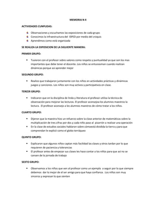 MEMORIA N 4

ACTIVIDADES CUNPLIDAS:

       Observaciones y escuchamos las exposiciones de cada grupo
       Conocimos la infraestructura del ISPED por medio del croquis
       Aprendimos como está organizada

SE REALIZA LA EXPOSICION DE LA SIGUIENTE MANERA:

PRIMER GRUPO:

      Tuvieron con el profesor sobre valores como respeto y puntualidad ya que son los mas
       importantes que debe tener el docente. Los niños se entusiasman cuando realizan
       dinámicas porque así aprender mejor

SEGUNDO GRUPO:

      Realizo que trabajaron juntamente con los niños en actividades prácticas y dinámicas
       juegos y canciones. Los niños son muy activos y participativos en clase.

TERCER GRUPO:

      Indicaron que en la disciplina de linda y literatura el profesor utiliza la técnica de
       observación para mejorar las lecturas. El profesor aconsejoa los alumnos maestros la
       lectura . El profesor aconsejo a los alumnos maestros de cómo tratar a los niños.

CUARTO GRUPO:

      Dijeron que la maestra hizo un refuerzo sobre la clase anterior de matemáticas sobre la
       multiplicación de tres cifras por dos y cada niño paso al pizarrón a realizar una operación
      En la clase de estudios sociales hablaron sobre cómoestá dividida la tierra y para que
       comprendan le explicó como el globo terráqueo

QUINTO GRUPO:

      Explicaron que algunos niños captan más facilidad las clases y otros tardan por lo que
       requieren de paciencia y tolerancias
      El profesor antes de empezar sus clases les hace contar a los niños para que así no se
       cansen de la jornada de trabajo

SEXTO GRUPO:

      Observamos a los niños que ven al profesor como un ejemplo a seguir por lo que siempre
       debemos dar lo mejor de el ser amigo para que haya confianza . Los niños son muy
       sinceros y expresan lo que sienten
 