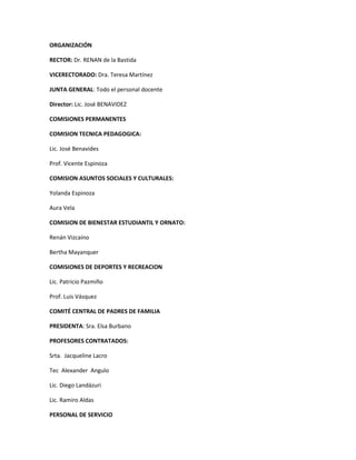 ORGANIZACIÓN

RECTOR: Dr. RENAN de la Bastida

VICERECTORADO: Dra. Teresa Martínez

JUNTA GENERAL: Todo el personal docente

Director: Lic. José BENAVIDEZ

COMISIONES PERMANENTES

COMISION TECNICA PEDAGOGICA:

Lic. José Benavides

Prof. Vicente Espinoza

COMISION ASUNTOS SOCIALES Y CULTURALES:

Yolanda Espinoza

Aura Vela

COMISION DE BIENESTAR ESTUDIANTIL Y ORNATO:

Renán Vizcaíno

Bertha Mayanquer

COMISIONES DE DEPORTES Y RECREACION

Lic. Patricio Pazmiño

Prof. Luis Vásquez

COMITÉ CENTRAL DE PADRES DE FAMILIA

PRESIDENTA: Sra. Elsa Burbano

PROFESORES CONTRATADOS:

Srta. Jacqueline Lacro

Tec Alexander Angulo

Lic. Diego Landázuri

Lic. Ramiro Aldas

PERSONAL DE SERVICIO
 