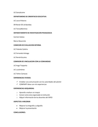 LIC GaryJácome

DEPARTAMENO DE ORIENTACIO EDUCATIVA:

LIC Laura Palacios

DR Renán DE LA Bastidas

LIC TeresaMartínez

DEPARATAMENTO DE INVESTIGACION PEDAGOGICA

Carmen Galeas

Marco Navarrete

COMICION DE EVALUACION INTERNA

LIC Yolanda Catotra

LIC Fernando Arteaga

LIC RenánVizcaíno

COMISION DE VINCULACION CON LA COMUNIDAD

LIC Hugo Toapanta

LIC LuisJiménez

LIC Telmo Camacas

EXPERIENCIAS VIVIDAS:

     Entablar una comunicación con los autoridades del plantel
     COMPARTI ideas con mis experiencias

EXPERIENCIAS ADQUIRIDAS:

    o   Aprendí a realizar un croquis
    o   Conocí como esta organizada la institución
    o   Adquirí información de los docentes del ISPED

ASPECTOS A MEJORAR

        Mejorar la ortografía y caligrafía
        Mejorar la presentación

CONCLUSIONES:
 