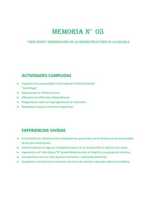 MEMORIA N° 05
    “JOSÉ REYES” OBSERVACIÓN DE LA INFRAESTRUCTURA DE LA ESCUELA




ACTIVIDADES CUMPLIDAS
Llegamos con puntualidad a la Escuela de Práctica Docente
“José Reyes”.
Observamos la infraestructura.
Ubicamos las diferentes dependencias.
Preguntamos sobre el organigrama de la institución.
Realizamos la guía y memoria respectivas.




EXPERIENCIAS VIVIDAS
Inicialmente no sabíamos cómo distribuirnos, pues hubo cierto desfase en las autoridades
de las dos instituciones.
Existió malestar en algunos compañeros pues no se les permitió el ingreso a las aulas.
Ingresamos a 6° año básico “B” presentándonos ante el maestro y su grupo de alumnos.
Compartimos con los niños buenos momentos realizando dinámicas.
Ayudamos a los alumnos a terminar una tarea de ciencias naturales sobre la atmósfera.
 
