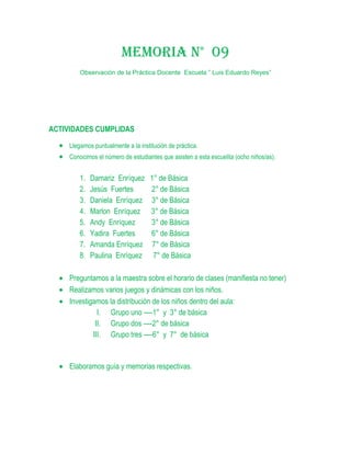 MEMORIA N° 09
         Observación de la Práctica Docente Escuela ” Luis Eduardo Reyes”




ACTIVIDADES CUMPLIDAS

     Llegamos puntualmente a la institución de práctica.
     Conocimos el número de estudiantes que asisten a esta escuelita (ocho niños/as).


         1.   Damariz Enríquez       1° de Básica
         2.   Jesús Fuertes          2° de Básica
         3.   Daniela Enríquez       3° de Básica
         4.   Marlon Enríquez        3° de Básica
         5.   Andy Enríquez          3° de Básica
         6.   Yadira Fuertes         6° de Básica
         7.   Amanda Enríquez         7° de Básica
         8.   Paulina Enríquez        7° de Básica

     Preguntamos a la maestra sobre el horario de clases (manifiesta no tener)
     Realizamos varios juegos y dinámicas con los niños.
     Investigamos la distribución de los niños dentro del aula:
               I. Grupo uno ----1° y 3° de básica
              II. Grupo dos ----2° de básica
             III. Grupo tres ----6° y 7° de básica


     Elaboramos guía y memorias respectivas.
 