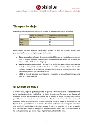 un proyecto para promocionar el uso de la bicicleta como medio de transporte al trabajo
47
2010-2011
Tiempos de viaje
La tabla siguiente muestra los tiempos de viaje en los diferentes modos de transporte.
Tiempo en el vehículo
(ida, min)
Tiempo total puerta a puerta
(ida, min)
coche 16 19
bus 15 25
e-bici 31 41
Estos tiempos han sido medidos “de puerta a puerta”, es decir, de la puerta de casa a la
puerta de la oficina, con las siguientes particularidades:
 Coche: aparcado en el garaje del mismo edificio. El tiempo será probablemente mayor
si no se dispone de garaje y hay que buscar aparcamiento en la calle. En los costes de
viaje no está incluido el coste del garaje.
 Bus: la parada del autobús está a 50 metros de la vivienda, y es la última parada en la
ciudad, es decir, en el recorrido realizado el bus no hace paradas intermedias. Desde
cualquier otro punto de la ciudad, el tiempo se incrementaría, considerablemente si se
toma en las primeras paradas del recorrido.
 e-bici: la bici está aparcada en el trastero, y en destino se contabiliza el tiempo para
aparcar y cambio de ropa.
El estado de salud
A primera vista, según el gráfico siguiente, no parece haber una relación causa-efecto clara
entre los desplazamientos en bicicleta y el índice de colesterol. Se observa una bajada del
colesterol al inicio del proyecto que coincide con el periodo de mayor uso de la bici, aunque
probablemente la bicicleta no sea la única causa. Resulta más interesante observar que el
colesterol vuelve a subir justo tras un mes (diciembre 2010) sin viajes en bicicleta y con los
típicos abusos gastronómicos de la Navidad. Los datos posteriores sin embargo no presentan
una correlación que indique una mejora debida al uso de la bicicleta, por lo que se puede
concluir que hay otras causas, por ejemplo la dieta habitual o bien la dieta los días anteriores a
los análisis de sangre, que tienen mayor importancia que la actividad física.
 