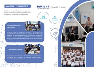 ESCUELAS DOCENTES
Impulsar el aprendizaje de los jóvenes y
brindar herramientas prác�cas para mejorar su
preparación profesional y empleabilidad.
SAMSUNG – TECH INSTITUTE
¡Desarrollá tu futuro!
39BENEFICIARIOS
4MESES DE
PROGRAMA
Capacitación Técnica
Capacitación en el ámbito de las TIC vinculados con los productos
o servicios de la empresa o empresas donde estarán
desarrollando sus pasan�as prác�cas.
Desarrollo Personal y
Profesional
Formación para el desarrollo personal y profesional con
herramientas concretas para lograr una inserción laboral efec�va. Se
busca que los jóvenes puedan planear su vida futura, teniendo en
cuenta sus intereses, obje�vos, y posibilidades, para lo cual deberán
pensar en un recorrido laboral y forma�vo que les permita alcanzar
sus metas.
 