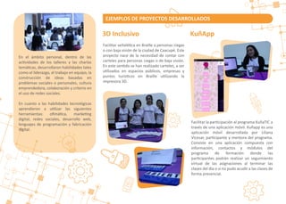 Facilitar señalé�ca en Braille a personas ciegas
o con baja visión de la ciudad de Caacupé. Este
proyecto nace de la necesidad de contar con
carteles para personas ciegas o de baja visión.
En este sen�do se han realizado carteles, a ser
u�lizados en espacios públicos, empresas y
puntos turís�cos en Braille u�lizando la
impresora 3D.
Facilitar la par�cipación al programa KuñaTIC a
través de una aplicación móvil. Kuñapp es una
aplicación móvil desarrollada por Liliana
Vicesar, par�cipante y mentora del programa.
Consiste en una aplicación compuesta con
información, contactos y módulos del
programa de formación donde las
par�cipantes podrán realizar un seguimiento
virtual de las asignaciones al terminar las
clases del día o si no pudo acudir a las clases de
forma presencial.
EJEMPLOS DE PROYECTOS DESARROLLADOS
3D Inclusivo KuñApp
En el ámbito personal, dentro de las
ac�vidades de los talleres y las charlas
temá�cas, desarrollaron habilidades tales
como el liderazgo, el trabajo en equipo, la
construcción de ideas basadas en
problemas sociales o personales, cultura
emprendedora, colaboración y criterio en
el uso de redes sociales.
En cuanto a las habilidades tecnológicas
aprendieron a u�lizar las siguientes
herramientas: oﬁmá�ca, marke�ng
digital, redes sociales, desarrollo web,
lenguajes de programación y fabricación
digital.
 